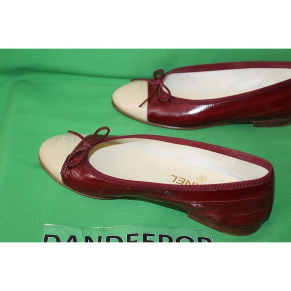Chanel Designer Ballet Flats Burgundy Beige Logo Shoes Italy Size Women's 36.5 - Picture 7 of 14